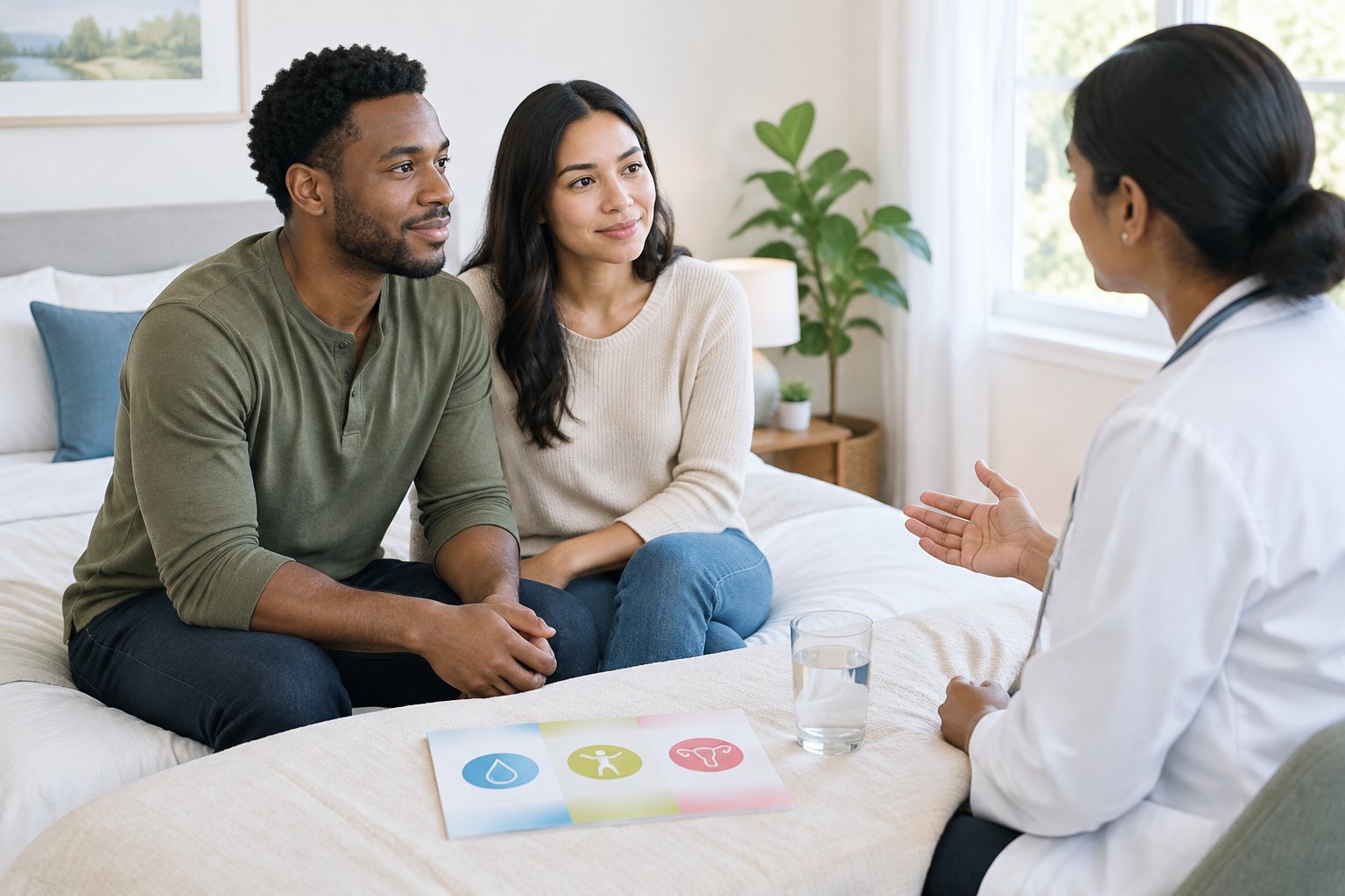 Two adults discuss reproductive health with a healthcare professional.