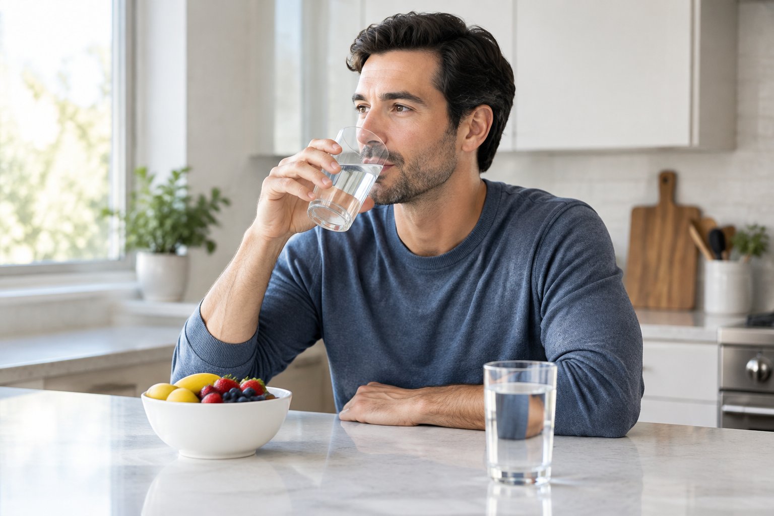 A man drinks a glass of water at a kitchen counter.