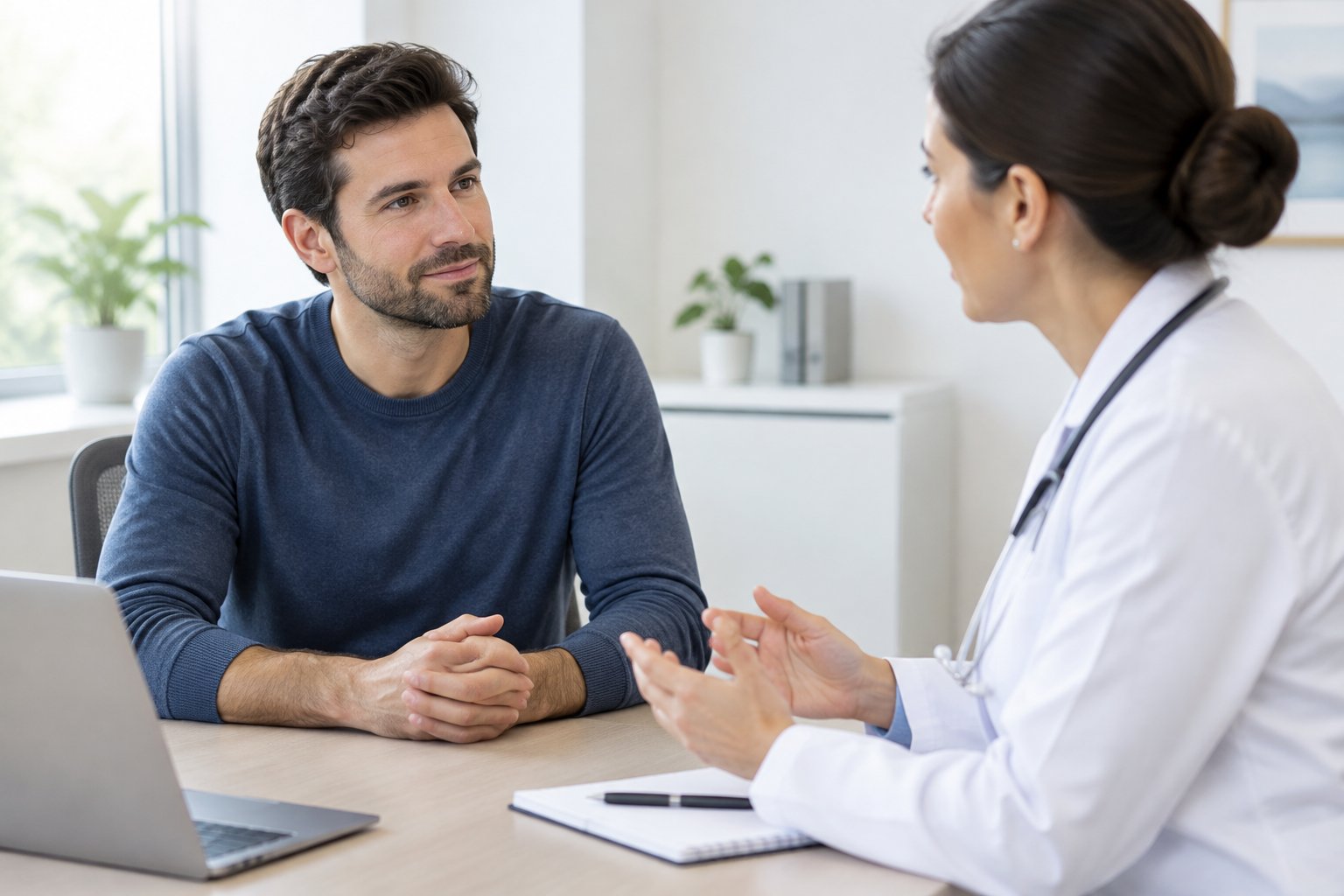 A man discusses reproductive health with a healthcare provider in a clinic.